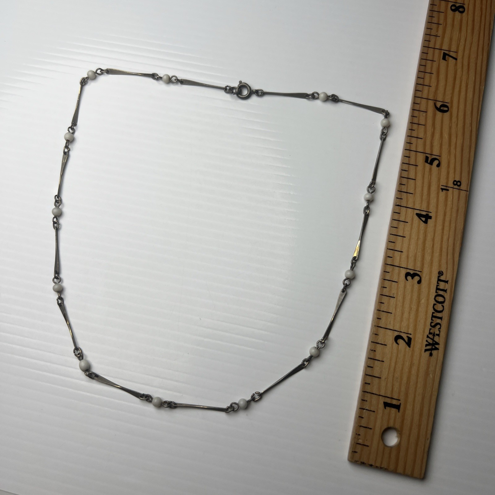 Vintage Twisted Bar Link Necklace Boho White Glass Beaded Silver Tone 20″