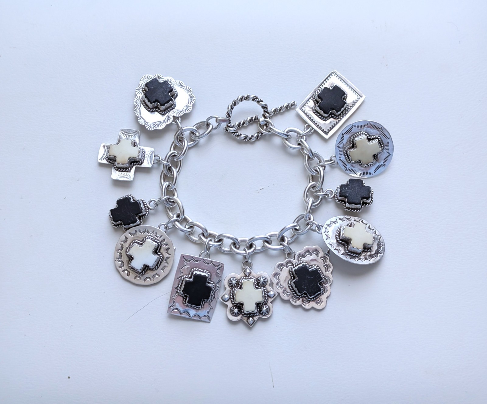 Joan Slifka Sterling 925 Heart Angel Cross Love Luck Charm Two Sided Bracelet