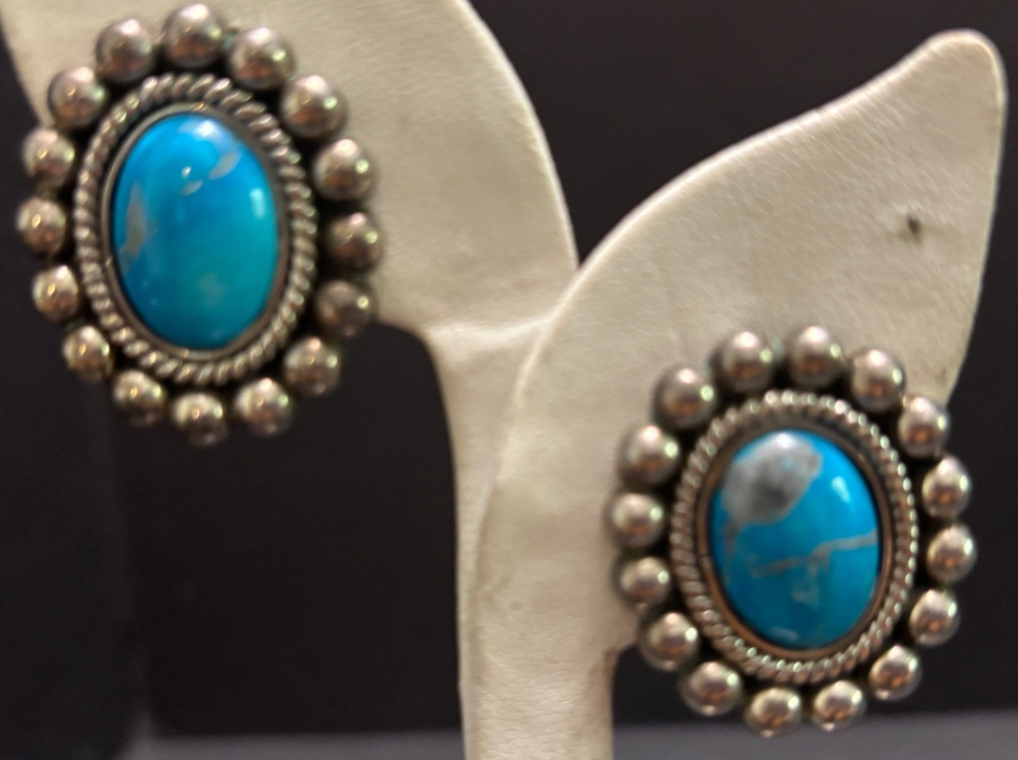Vintage Mexico Turquoise 925 Silver EARRINGS Clip Back Ovals Bead & Rope Trim