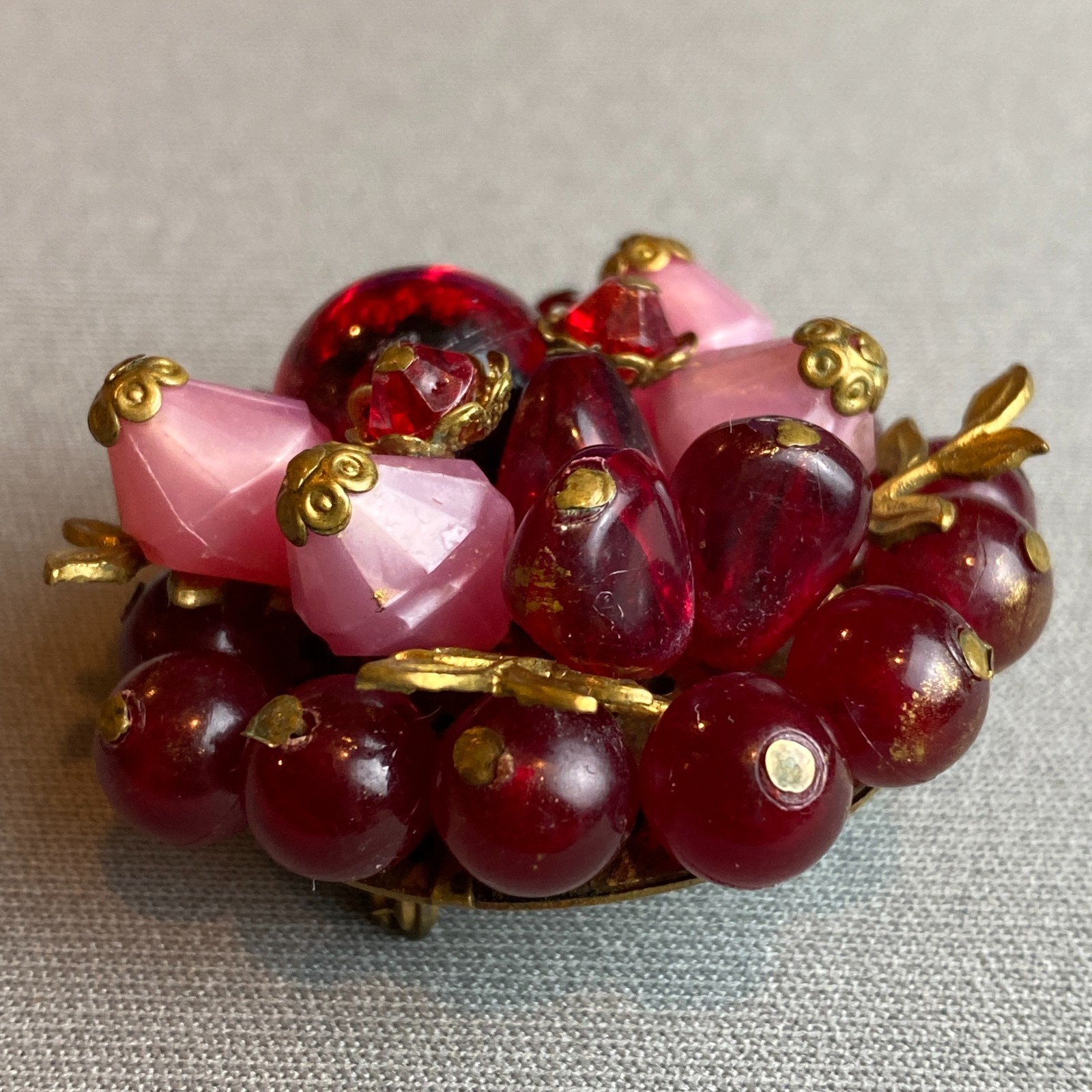 Vintage West Germany Wired Beaded Brooch Frosted Pink & Red Plastic & Gilt Brass