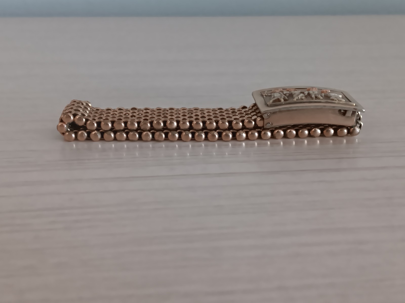 Antique *Damaged* Brass Mesh Link Bracelet Rectangle Clasp People Scene 7″