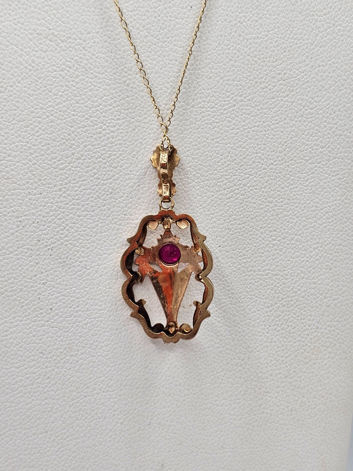 Antique 10k gold garnet Emco lavalier style pendant necklace art deco floral