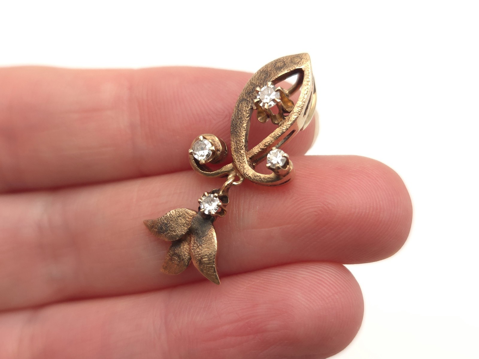 Vintage Antique Victorian 14K Solid Gold Multiple Diamond Leaf Dangle Pendant