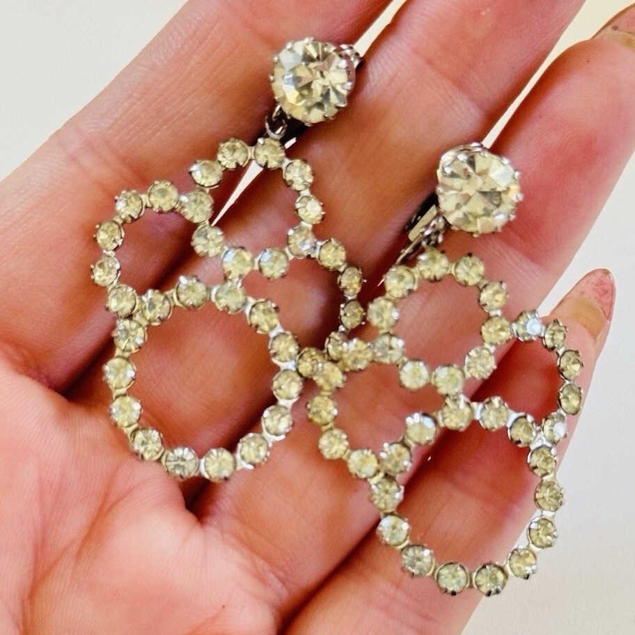 Jeweled art deco Earrings VTG Clip Austrian Crystal Rhinestone Sparkly Dangle 2″