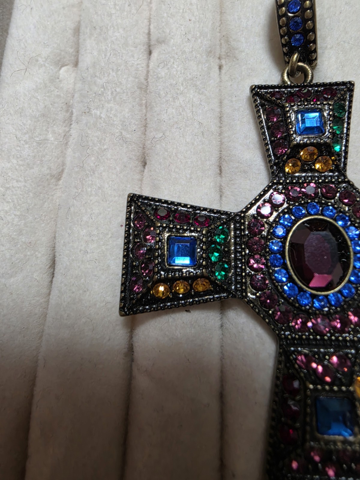 Swarovski Vintage Multi-Color Bronze Cross Pendant 3″ Lrg Detailed Bail one Chip