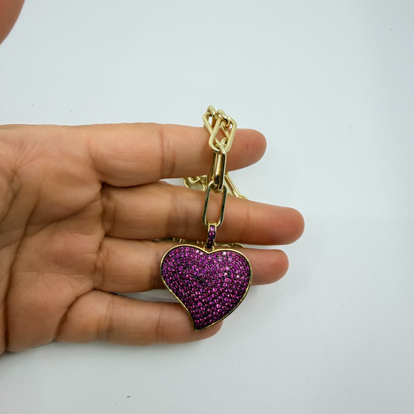 Gold Tone Red Pave Rhinestone Heart Pendant Paperclip Chain Necklace Statement
