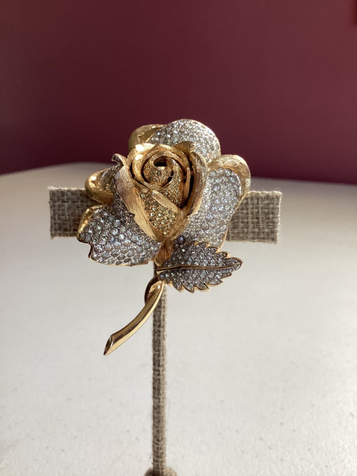 Vintage Nettie Rosenstein Pave Rhinestone Rose Brooch Signed Gold Tone Designer