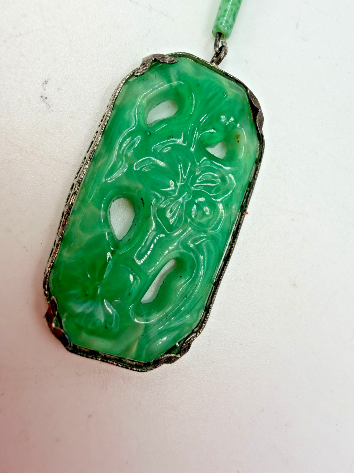 Vintage Necklace Art Deco Green Art Glass FloralBrass Asian Pendant Filigree PJ