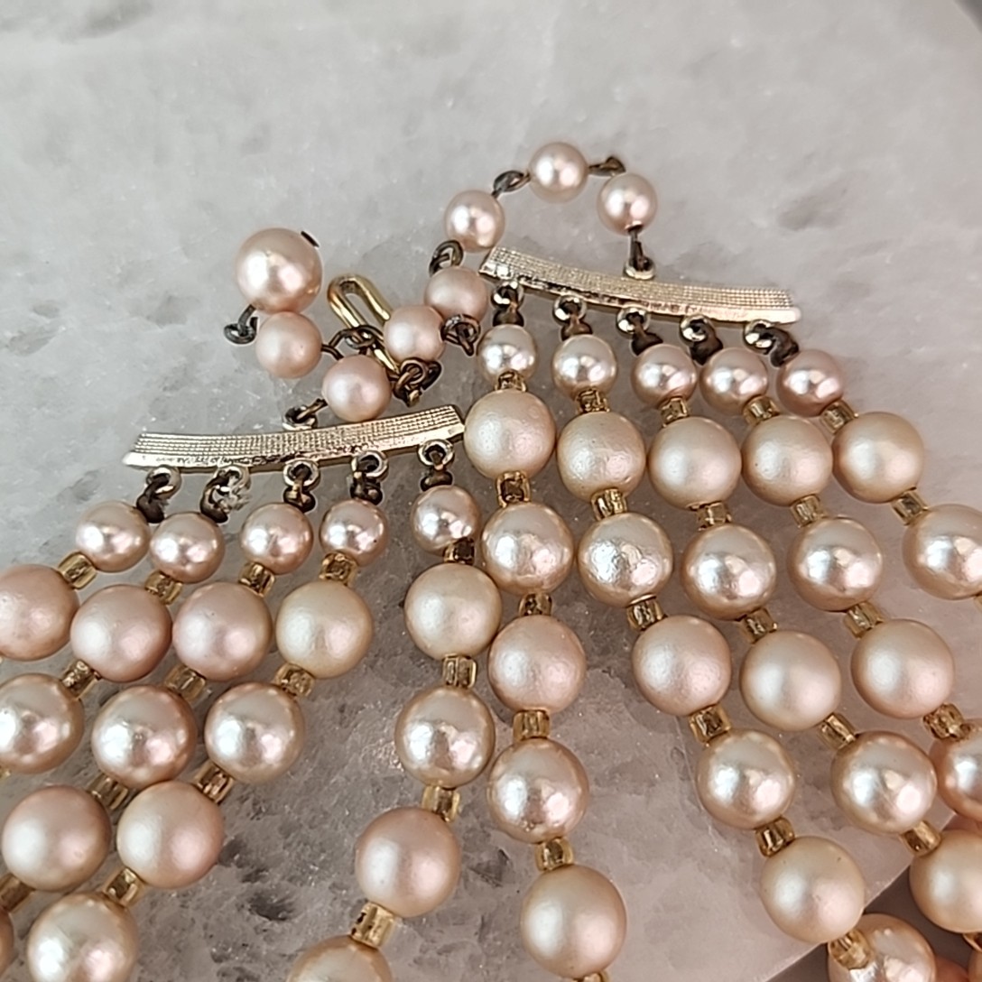 Vintage Faux Pearl Beaded Necklace Cream Pink Acrylic AB Yellow Glass Japan 16″