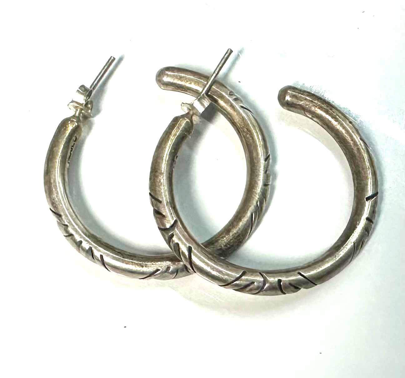 Signed MWS Mexico Sterling Silver Hoop Earrings 925 Large Etched Hoops 12.4g #10