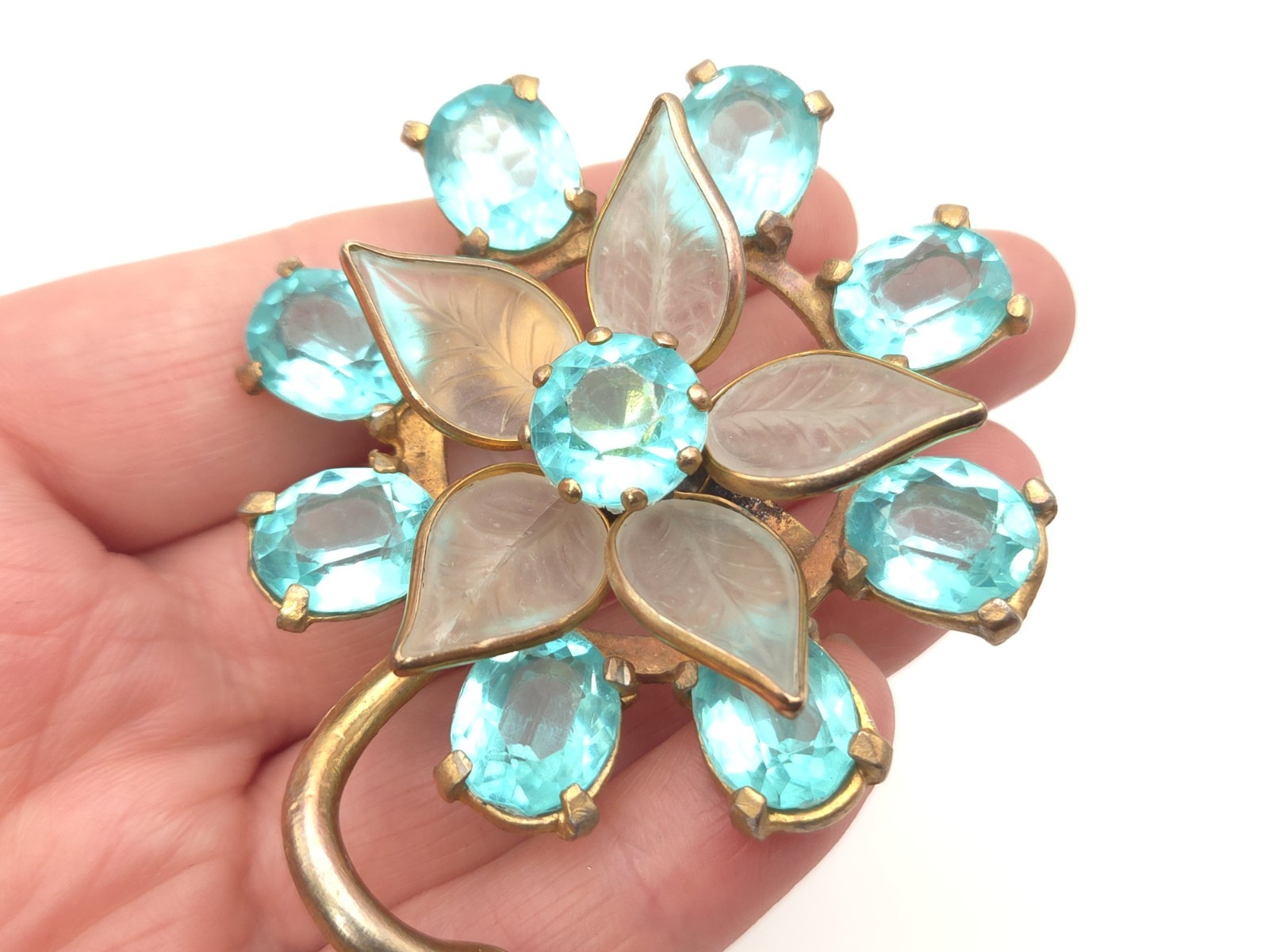 Vintage Art Deco Gold Gilt Aquamarine Blue Glass Paste Stone Flower Brooch Pin