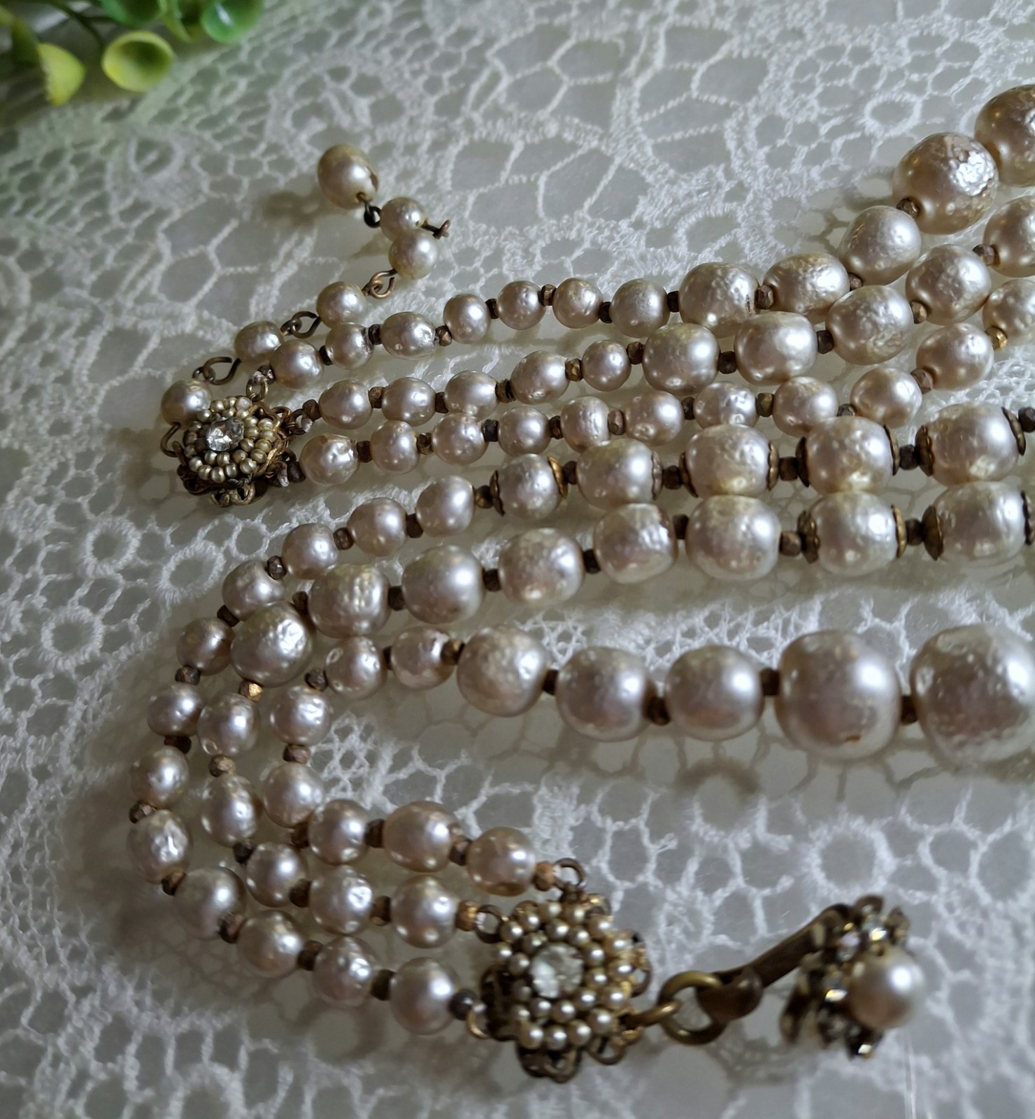 Early Signed Miriam Haskell 3 Strand Silver Niki Baroque Pearl Necklace