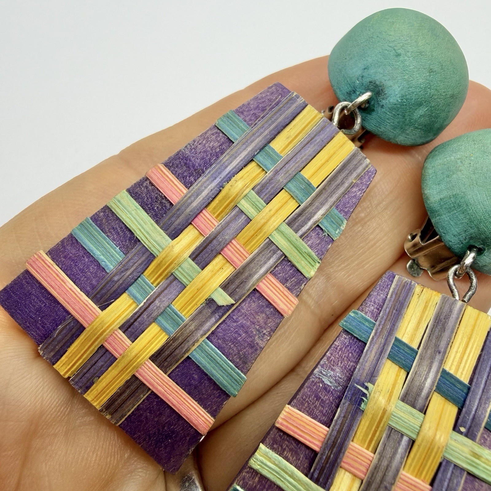 Vtg Big 80’s Wearable Art Statement Earrings Wood Basket Weave Purple Green Drop