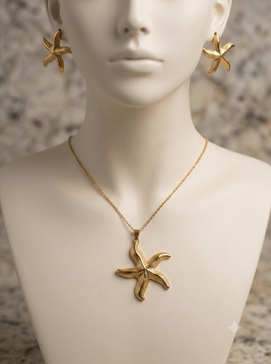 Gold Tone Starfish Charm Pendant Chain Necklace, Beach Theme, Unisex Adults