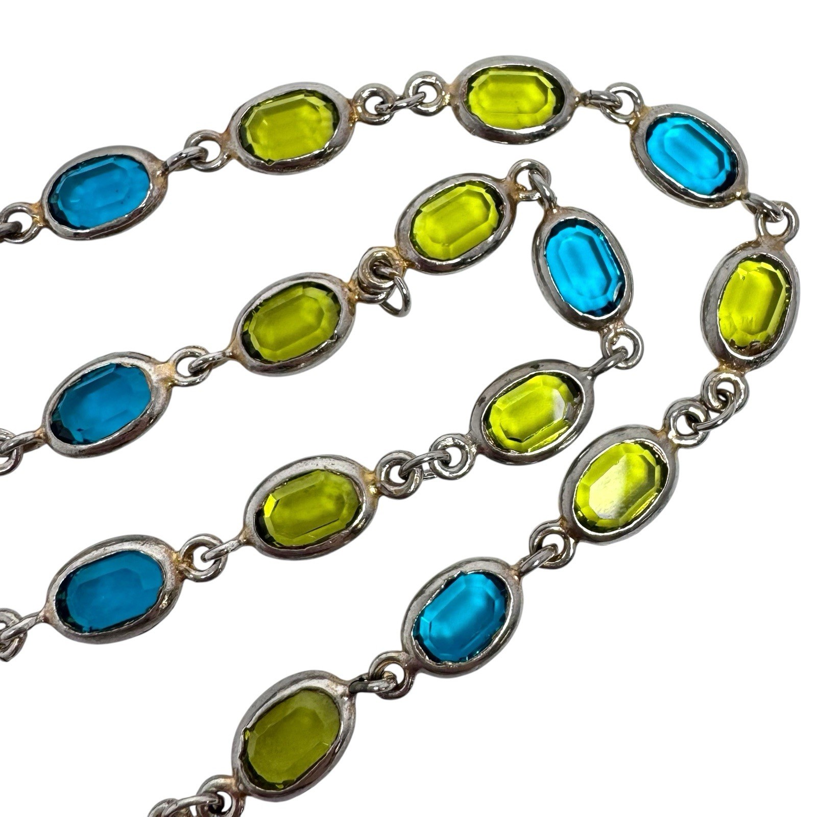 Vintage Silver Tone Necklace w/Framed Blue & Green Faceted Crystal Ovals