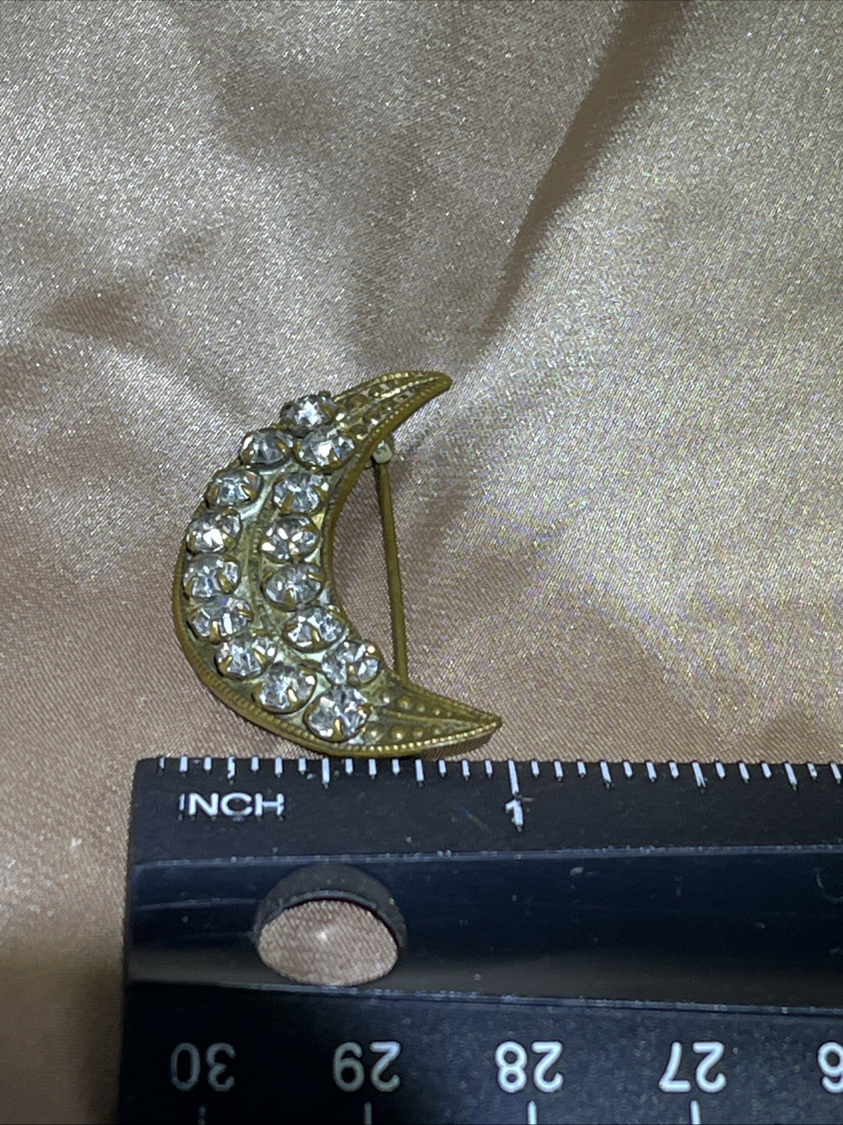 Unusual Antique Victorian Crescent Moon Brooch Prong Set Rhinestones Pin 1880s