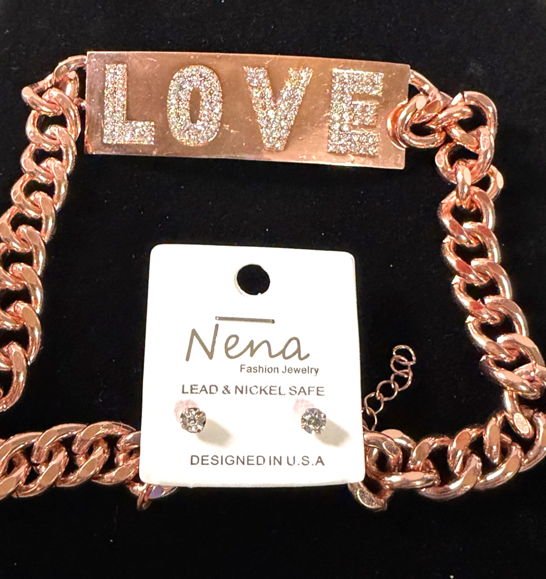 NENA Rose Gold-Tone Cuban Link Chain LOVE Plate Choker Necklace & Earrings Set