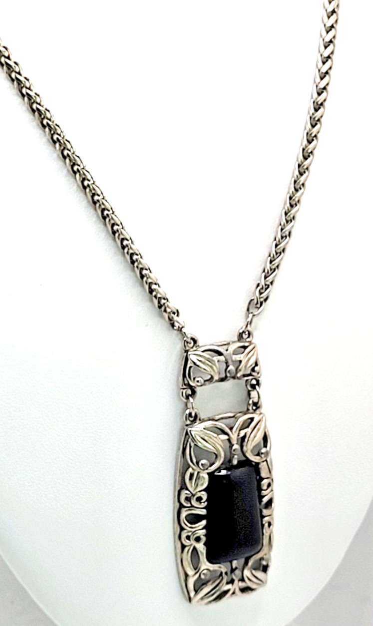 Vintage Wheat Chain Filigree Rectangle 2.5″ Pendant Resin Stone 15″
