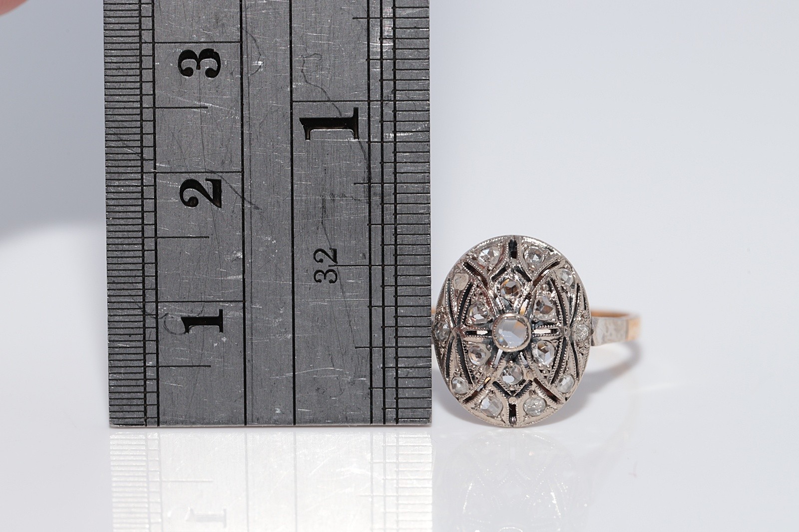 Antique Circa 1920s 18k Gold Art Deco Natural Rose Cut Diamond Decorated Ring