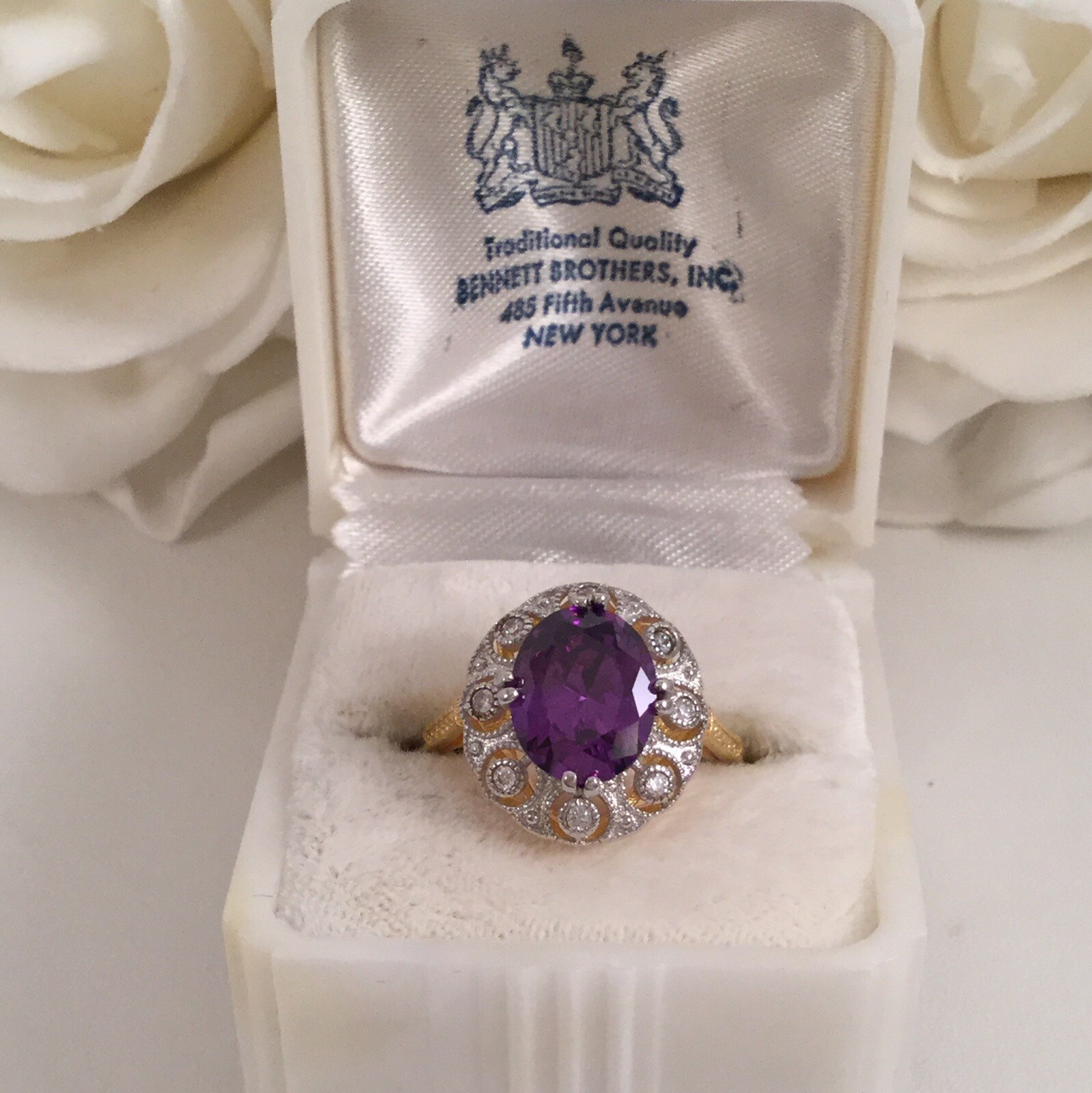 Vintage Jewellery Gold Ring Amethyst White Sapphires Antique Deco Jewelry 10 U