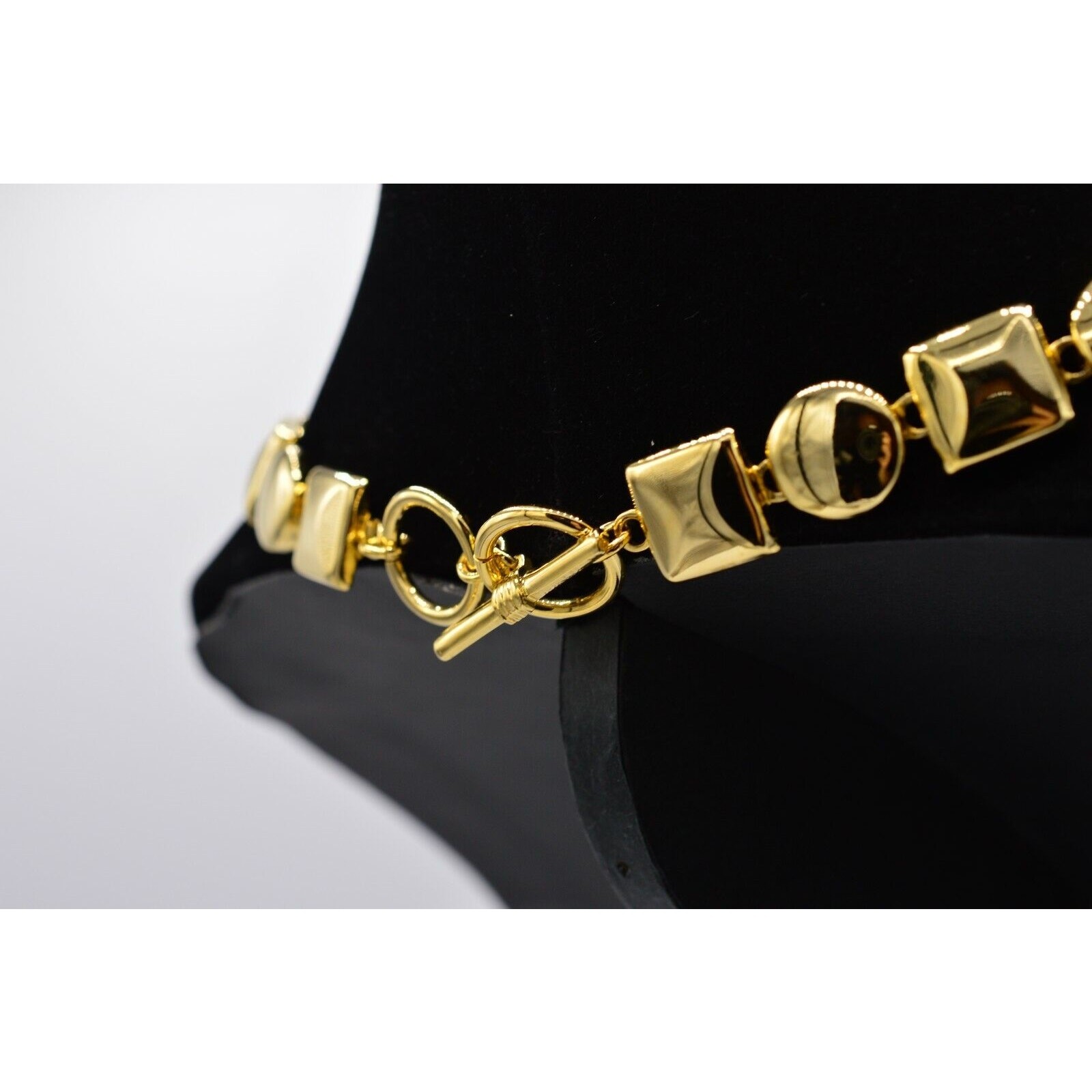 Vintage Chunky Geometric Collar Statement Necklace Shiny Gold Linked 1980s BinN