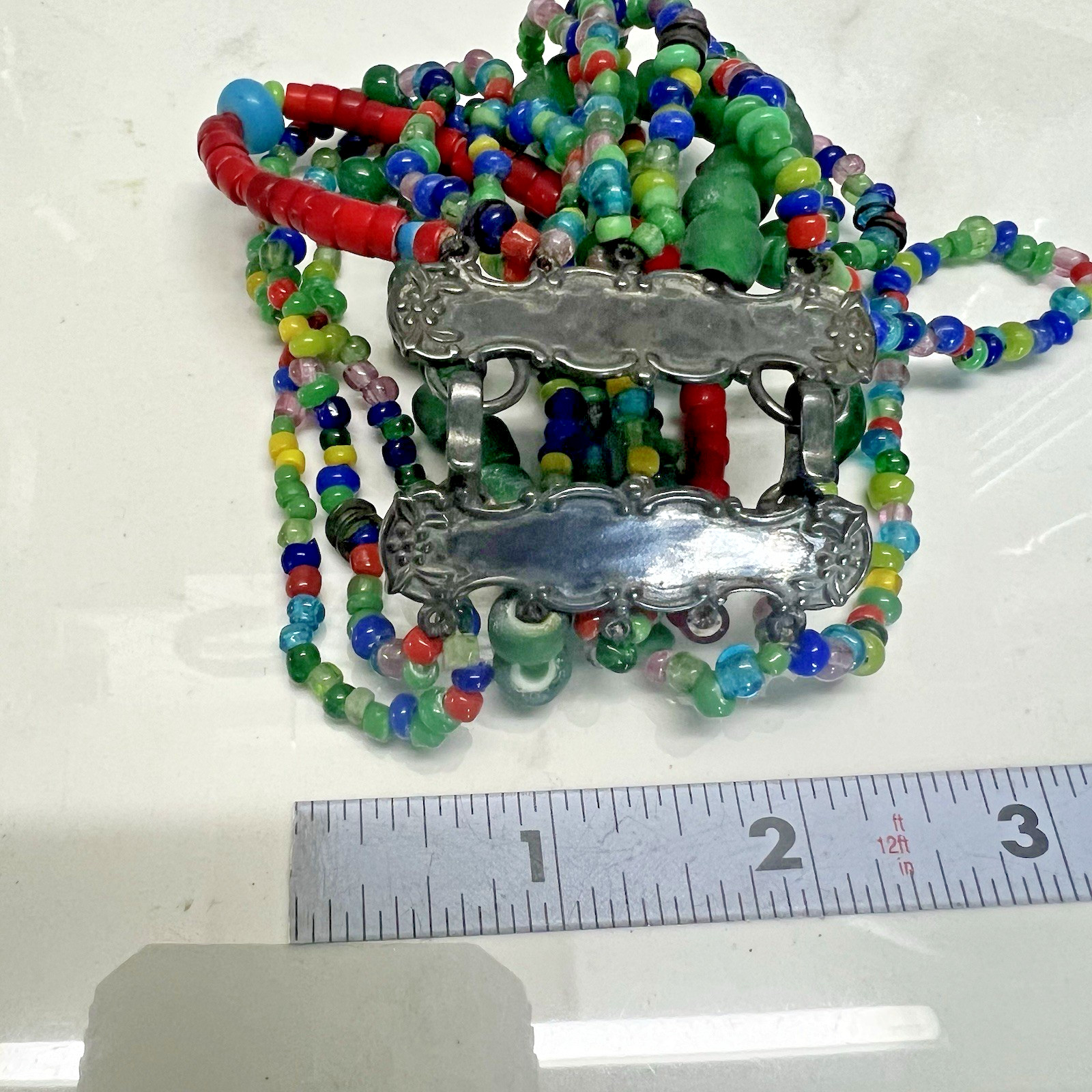 T. FOREE African Trade Multi Strand Glass Beaded Bracelet Sterling Silver 7.5″