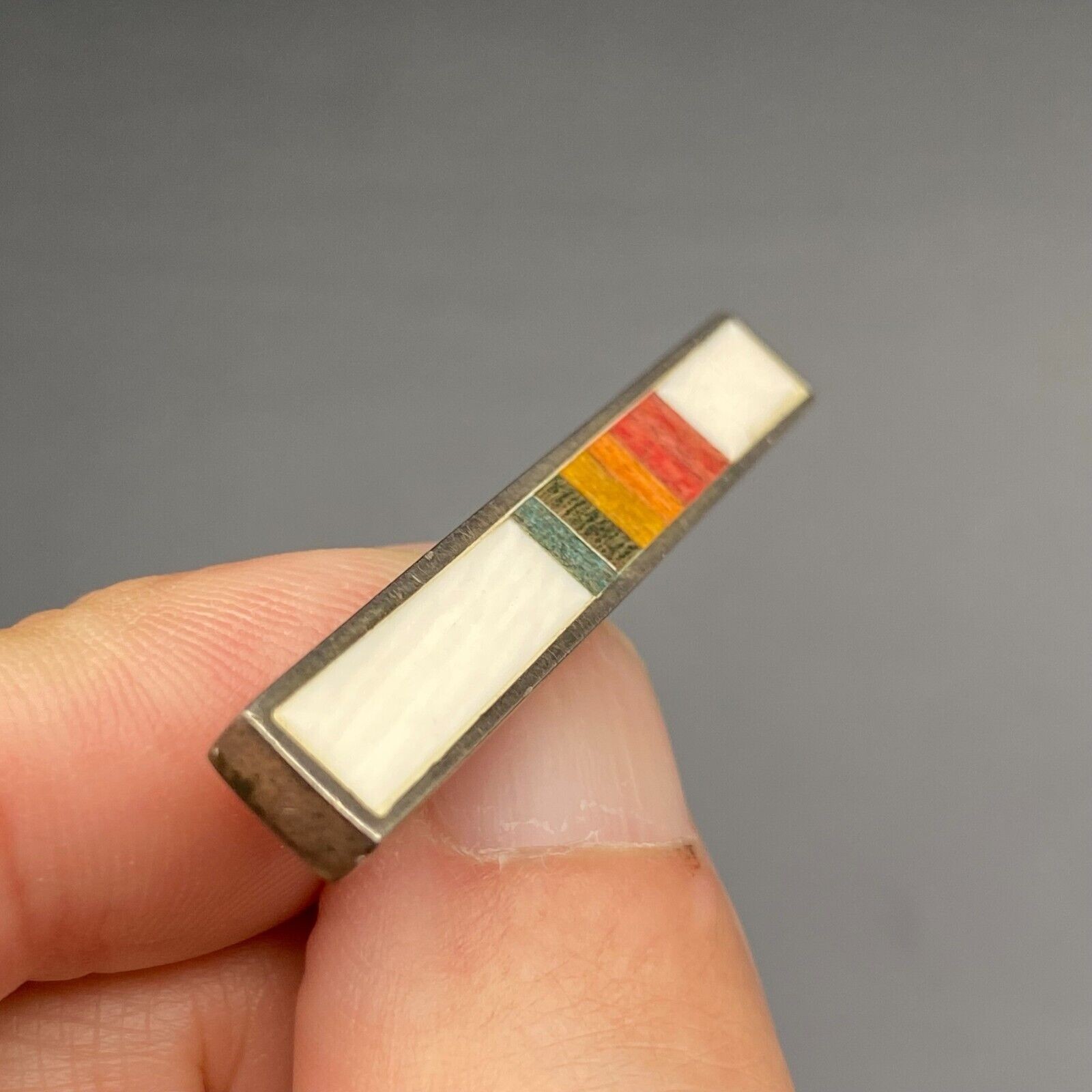 Vintage Modernist Minimalist Multiple Inlay Silver Bar Pin Brooch