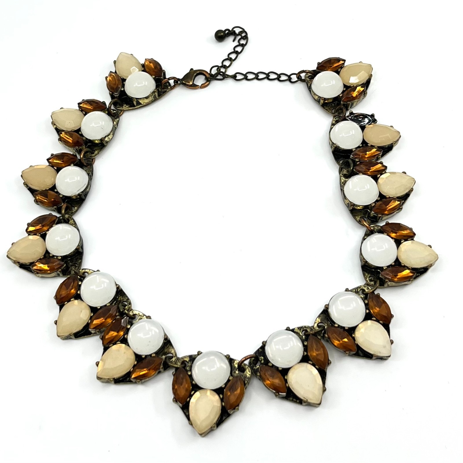 VTG Antique Gold Tone Multi-Stone Statement Collar Necklace Amber Cream White