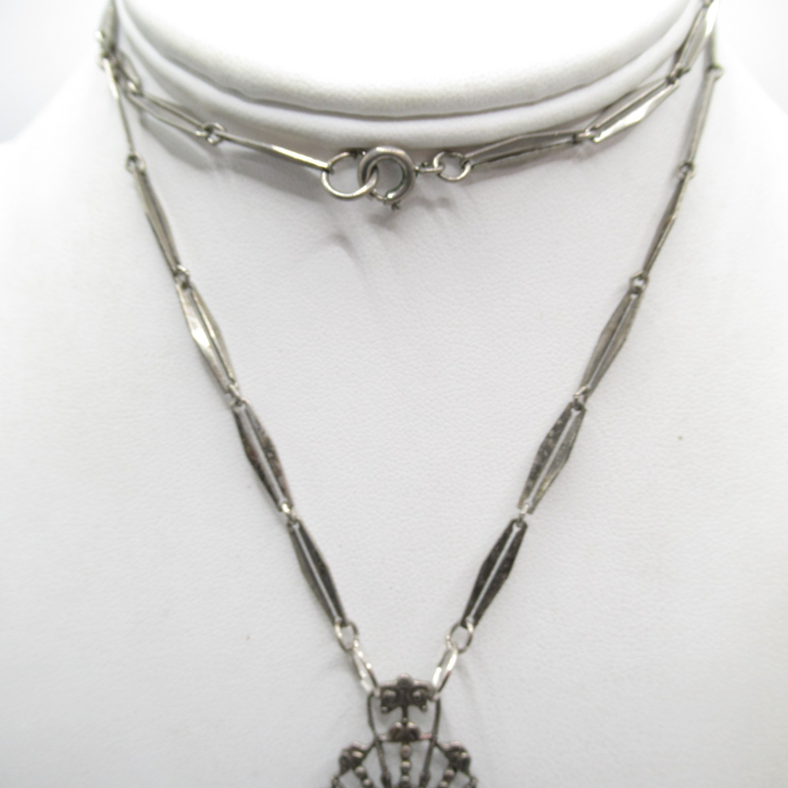 Dark Silver Tone Very Long Abstract Pendant Necklace Old w Fringe