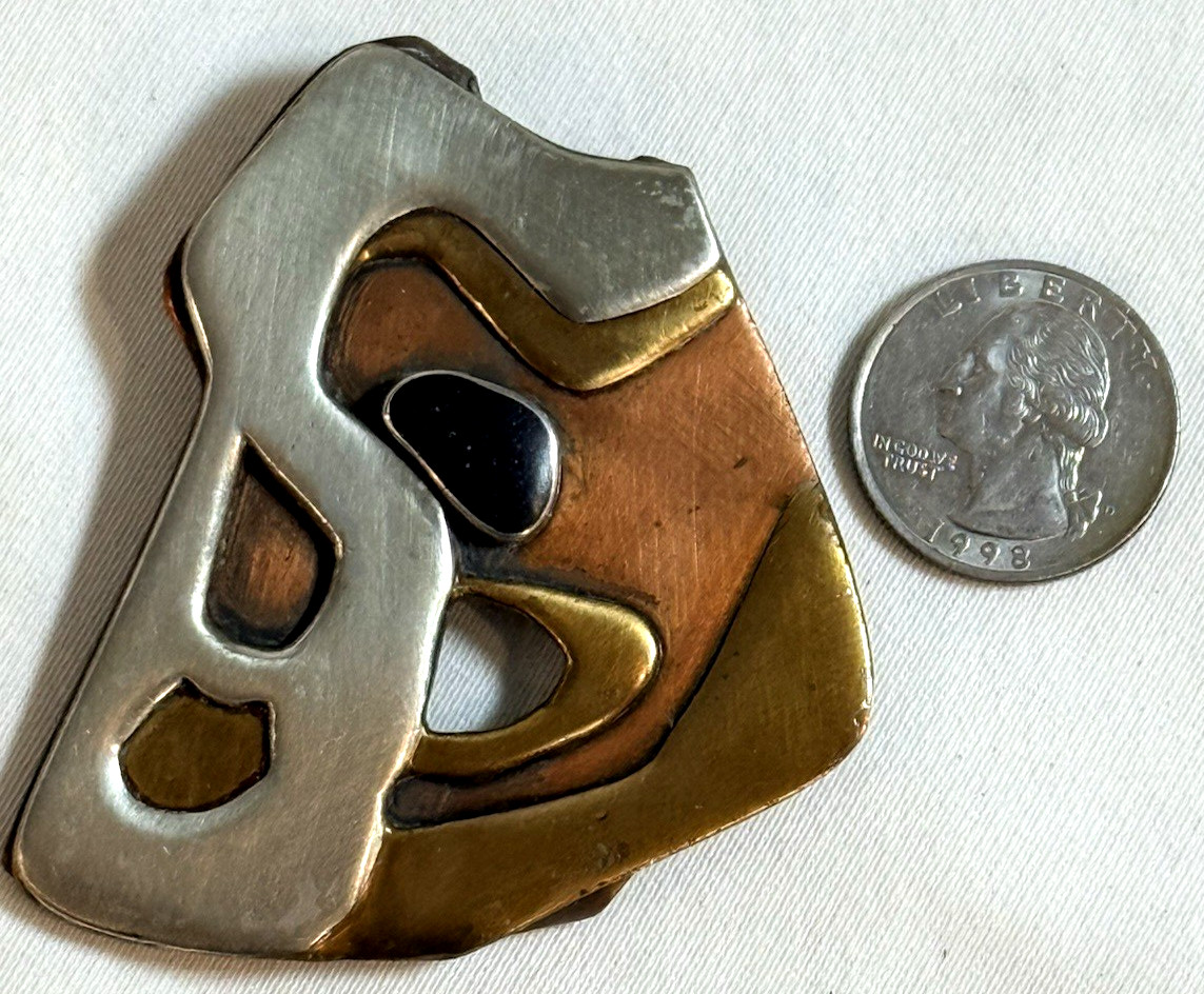 Large Vintage Modernist Brutalist Studio Brooch – Abstract Mixed Metals, Onyx