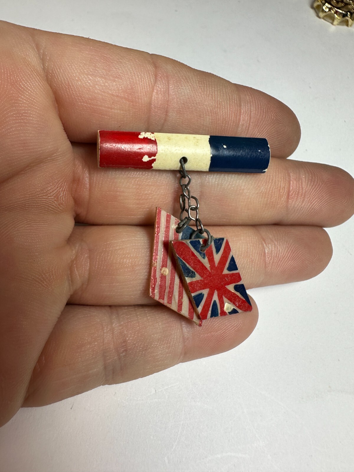Vintage Brooch WWII Allies Flag UK USA France Pin Celluloid Early Plastic