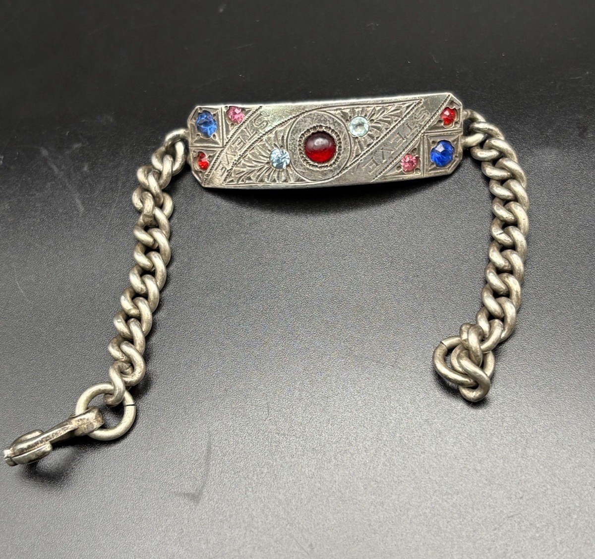 Vintage Sterling Silver ID Men Bracelet Engrave Steve Color Stone Heavy 46g 8”