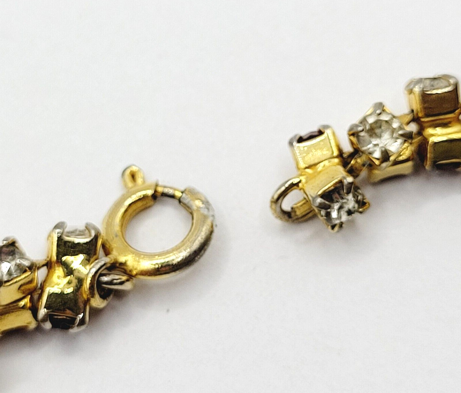 Unique Slightly Brutalist Style Gold Plated Bracelet Red White Rhinestone 7.5 In