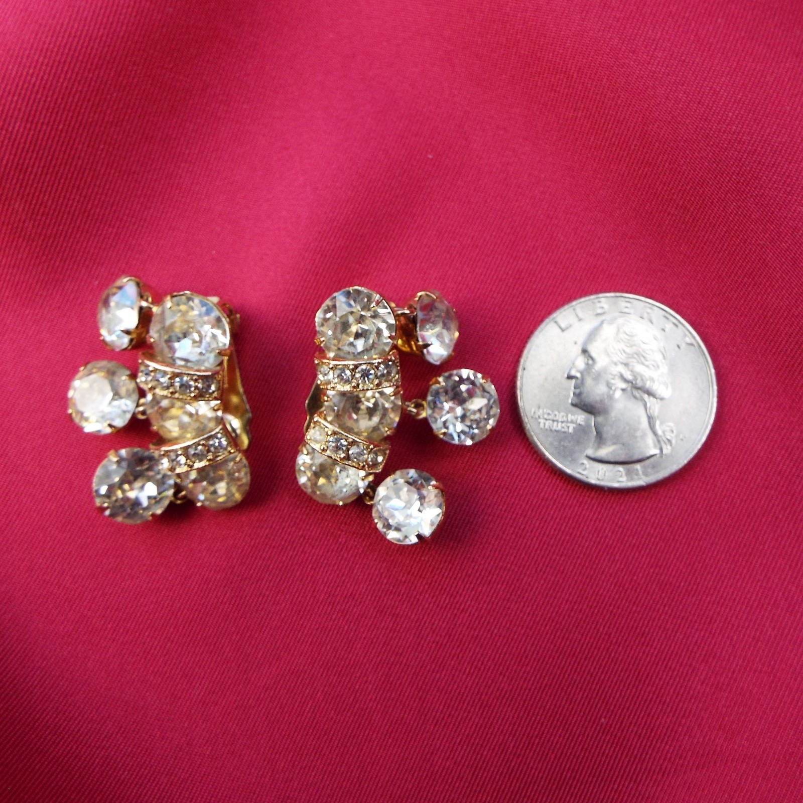 Vintage Mid Century EISENBERG Earrings Clip-On, Clear Crystals, Goldtone, Signed