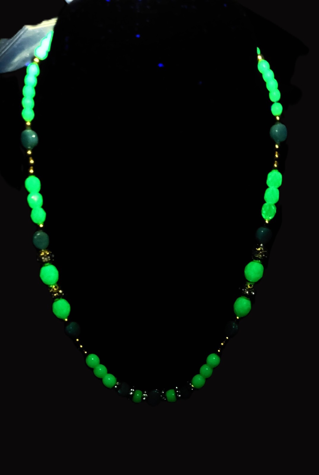 Uranium blue glass beads with Turquoise Czech glass bead toggle choker necklace