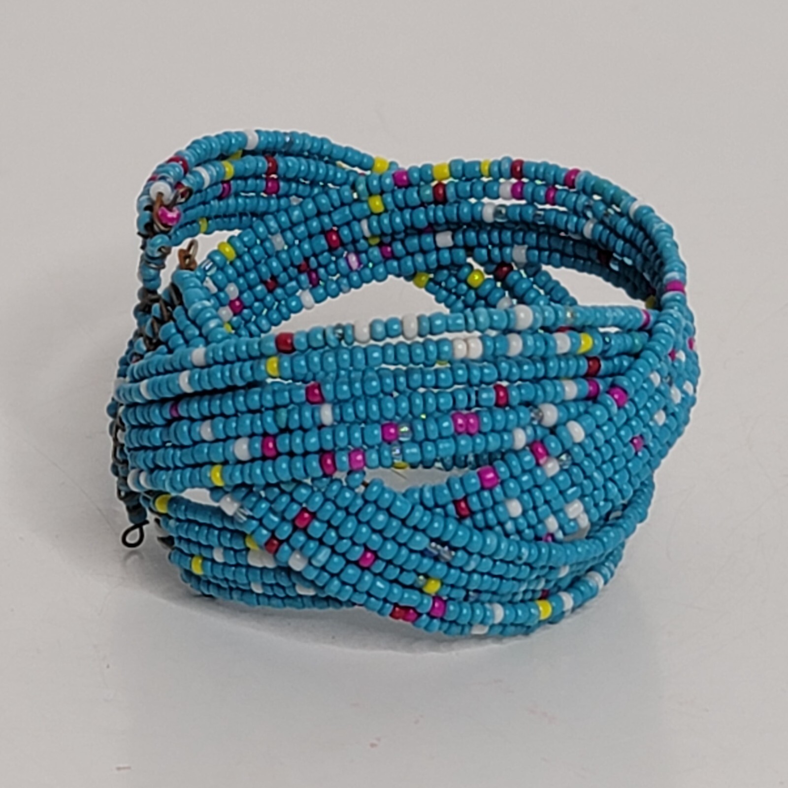 Wide Seed Bead Wrap Bracelet Open Cuff Blue Cultural Southwestern