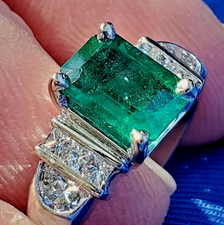 Original EARTH MINED EMERALD DIAMOND Deco Engagement Ring 14K GOLD Solitaire S 7