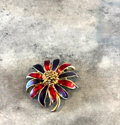 Vintage Gold tone Red and Purple Enamel Flower Brooch Pin