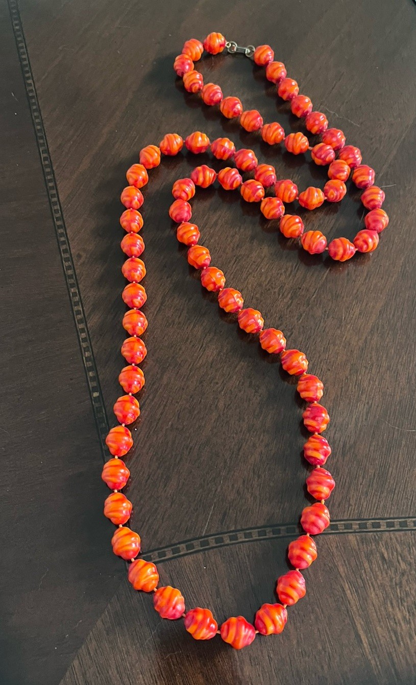 Vintage Orange Coral Red Resin Textured Beaded Extra Long 48” Knotted Necklace
