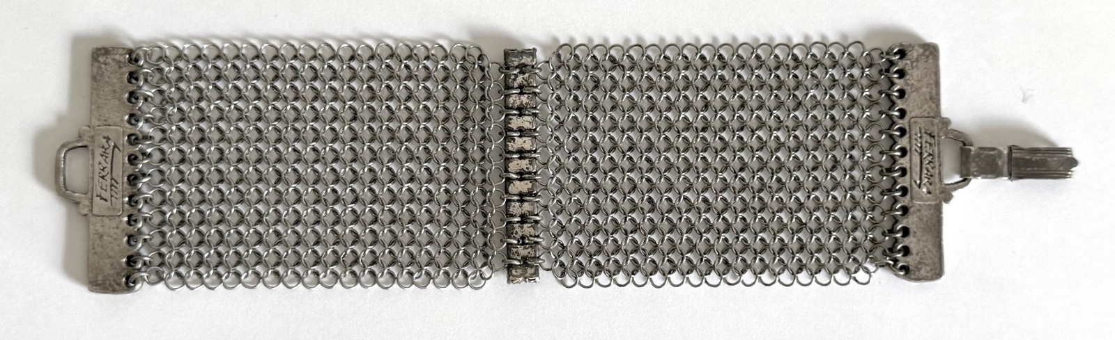 Vintage Silver Tone Signed Anthony Ferrara Mesh Bracelet Rhinestones