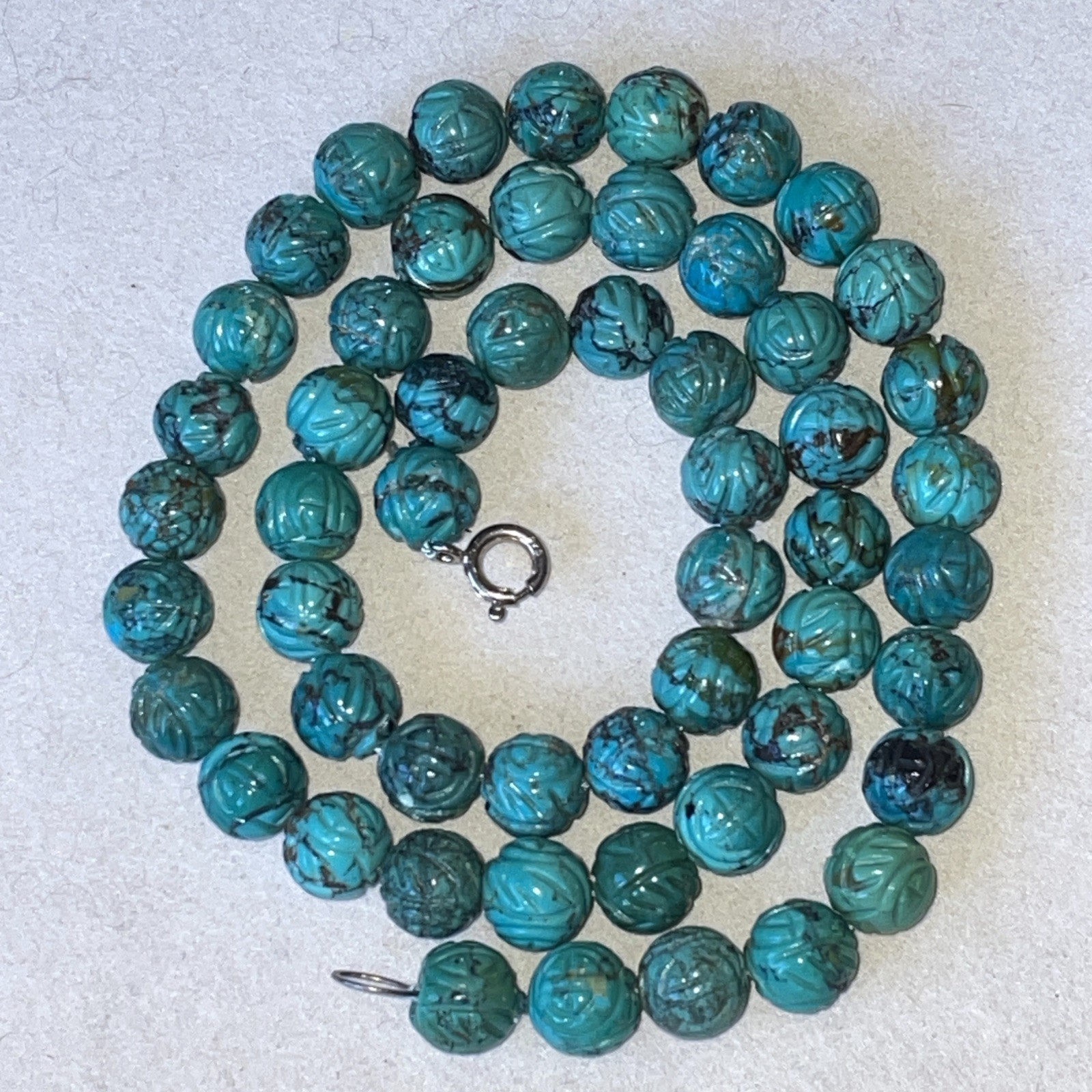 Vintage Chinese Turquoise Carved Shou Bead Necklace Sterling Silver 21” Long