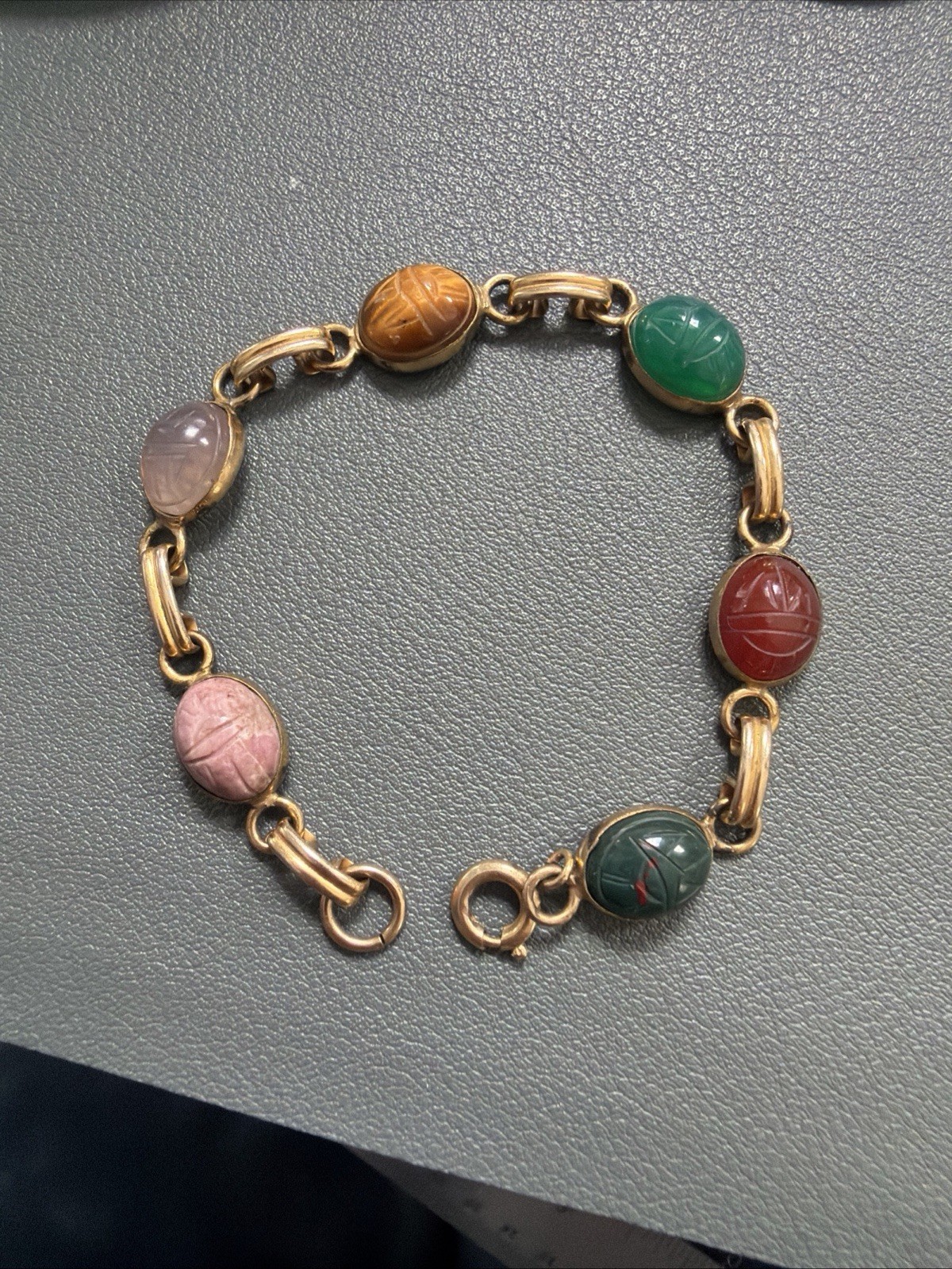 VTG Petite 12k Gold Filled Multi Gemstone Scarab Bracelet 6.25in
