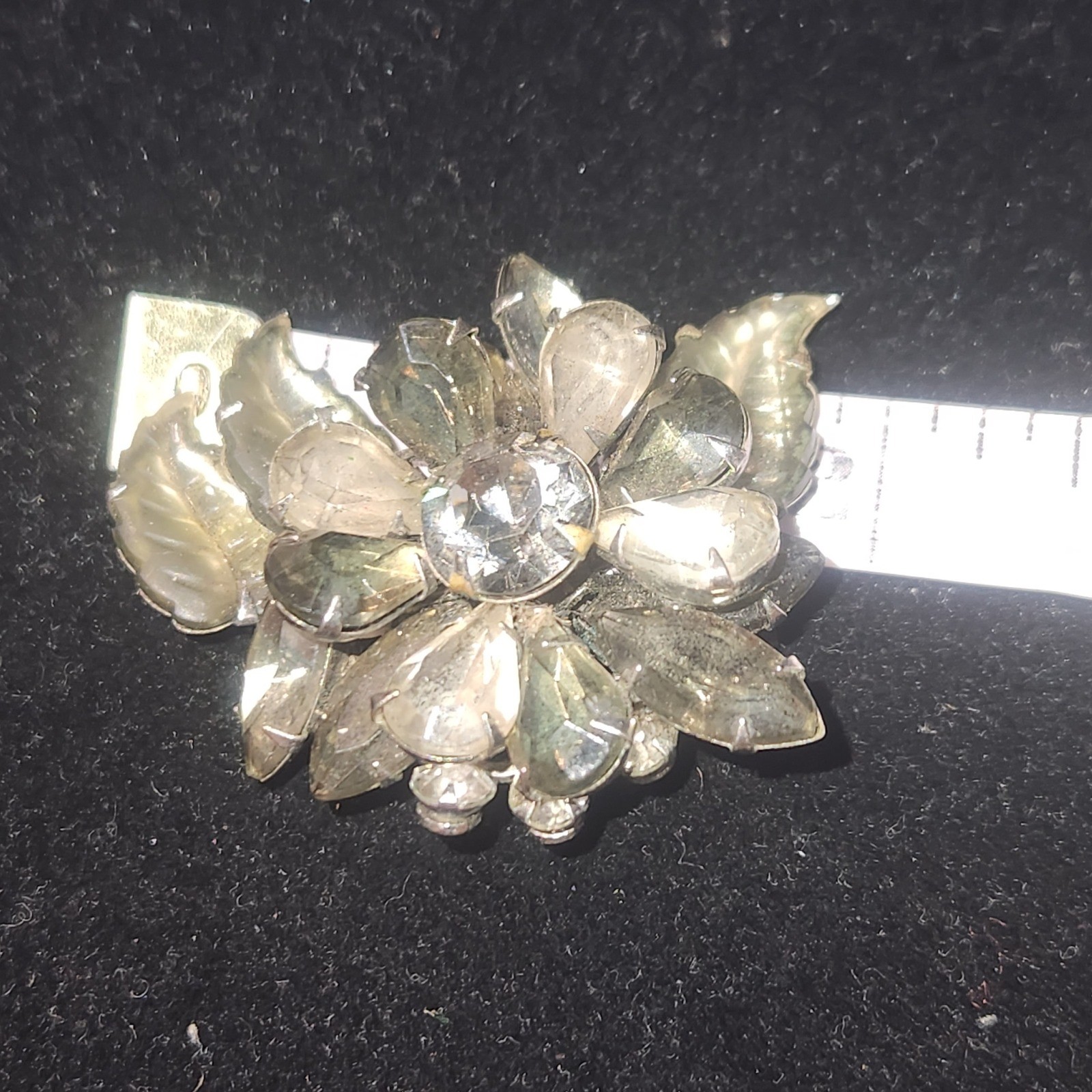 Vintage Rhinestone Flower Brooch Silver Tone Floral Pin smoky gray