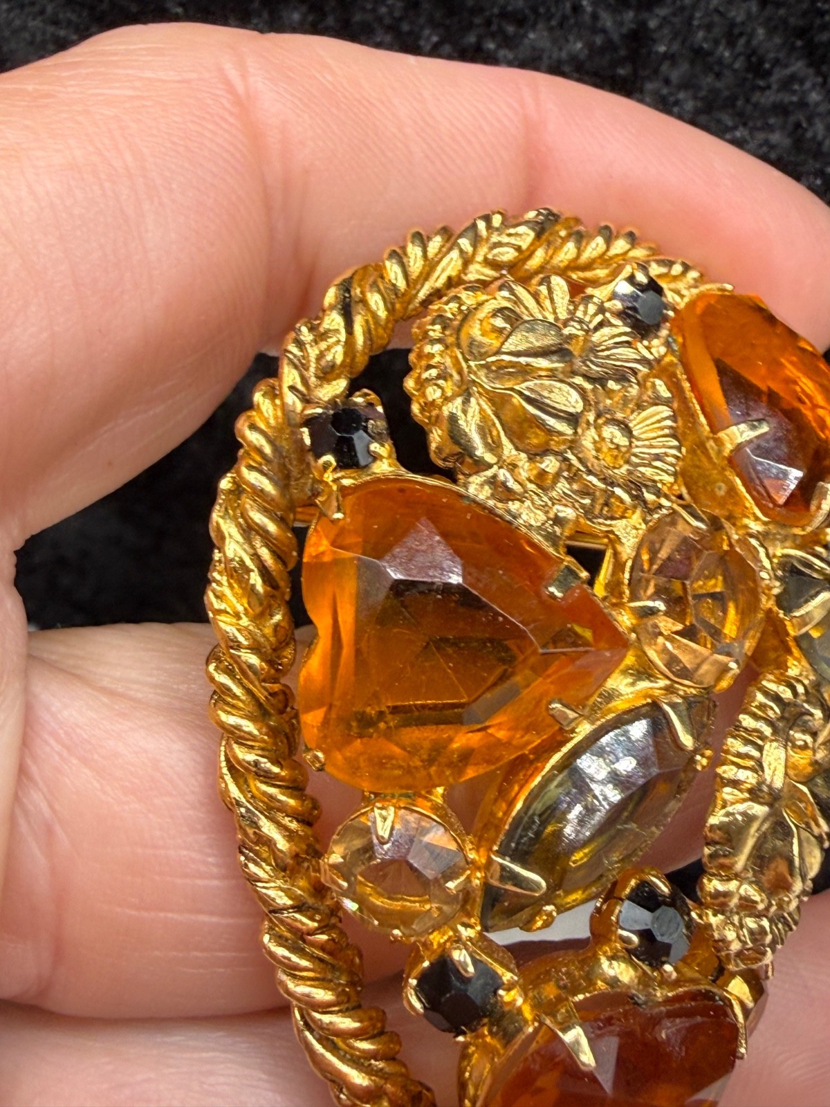 Vintage Rhinestone Brooch Orange Domed Fall Autumn