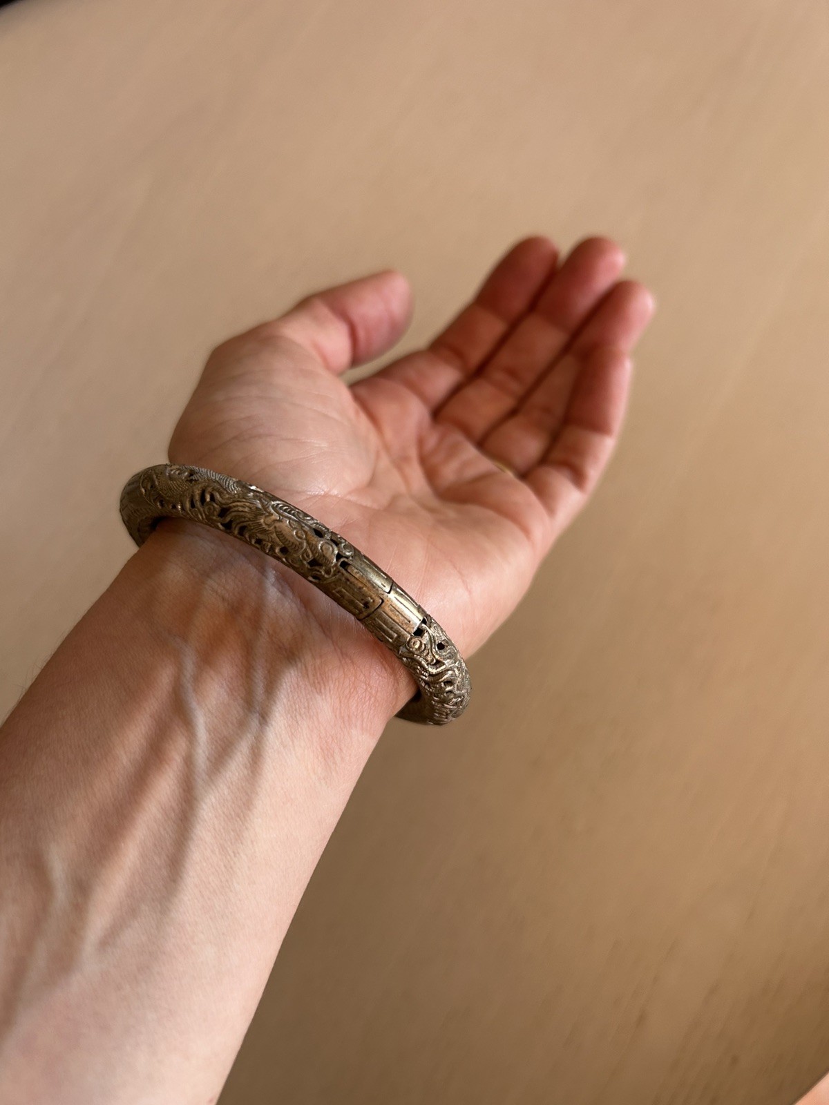 Antique Saigon Argent Dragon Silver Hinged Bangle Bracelet 1920s Art Deco
