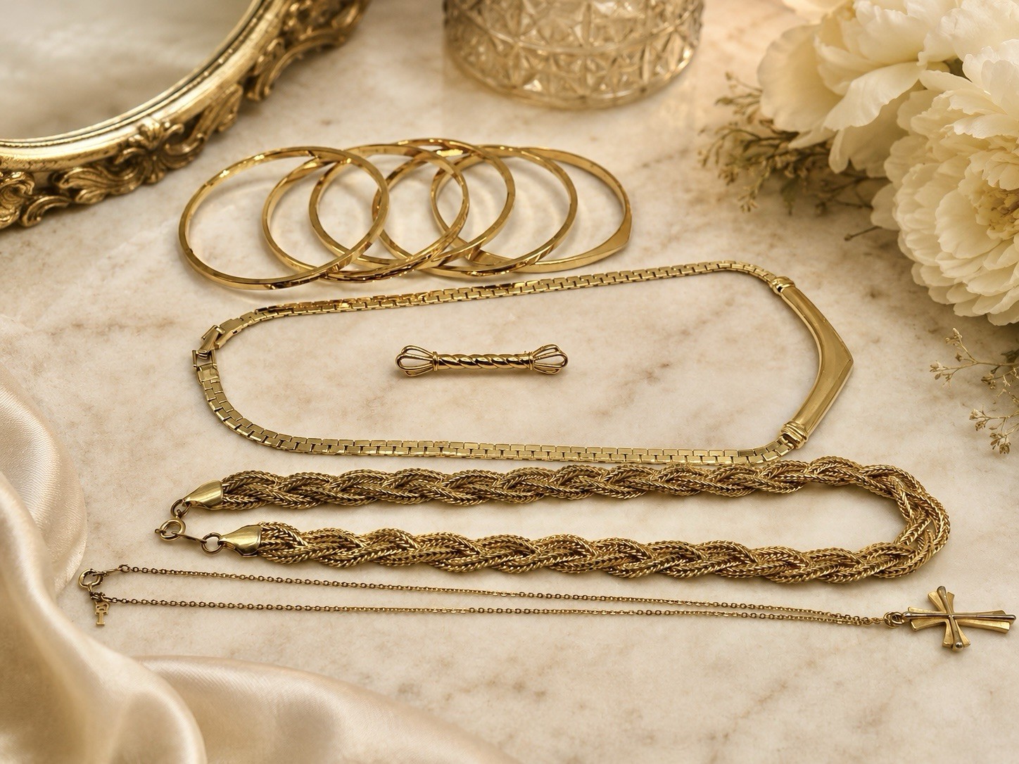 Signed Crown Trifari Gold Jewelry Capsule 9pc 5 Bangles Necklaces Brooch Cross