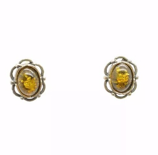 Vintage Sterling Silver Oval Amber Pierced Post Stud Earrings Scroll Framed