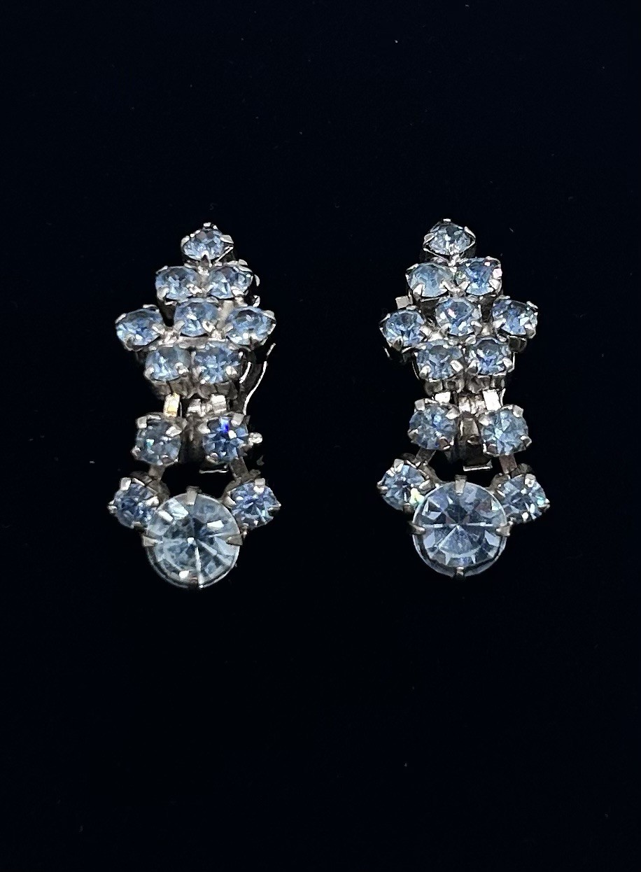 Vtg-BLUE RHINESTONE-Necklace-Choker-Ring-Bracelet-Clip-on Earrings SET