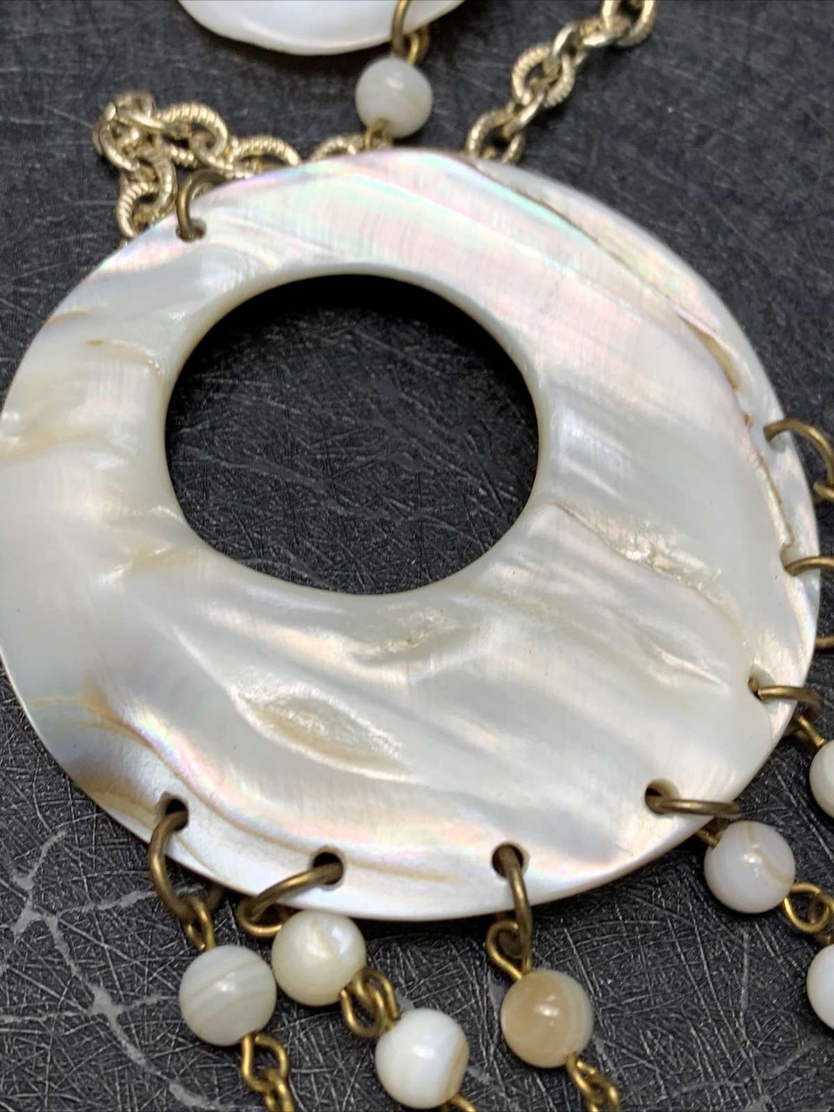 Vintage Unusual MOP Lathe Shell Beads Dangle Pendant Necklace 30”