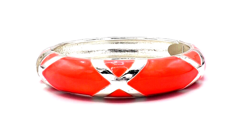 Vintage Silver Tone Bright Neon Coral Orange Enamel Hinged Bangle Bracelet
